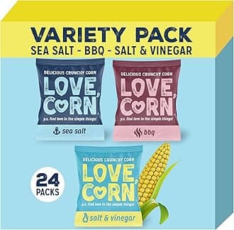 LOVE CORN Variety Pack (8x Sea Salt, BBQ, Salt & Vinegar) – Healthy Snacks Ideal for Gluten Free & Vegan Diets – Low Sugar Alternative for Crisps, Mixed Nuts & Pretzels – Perfect To Graze On