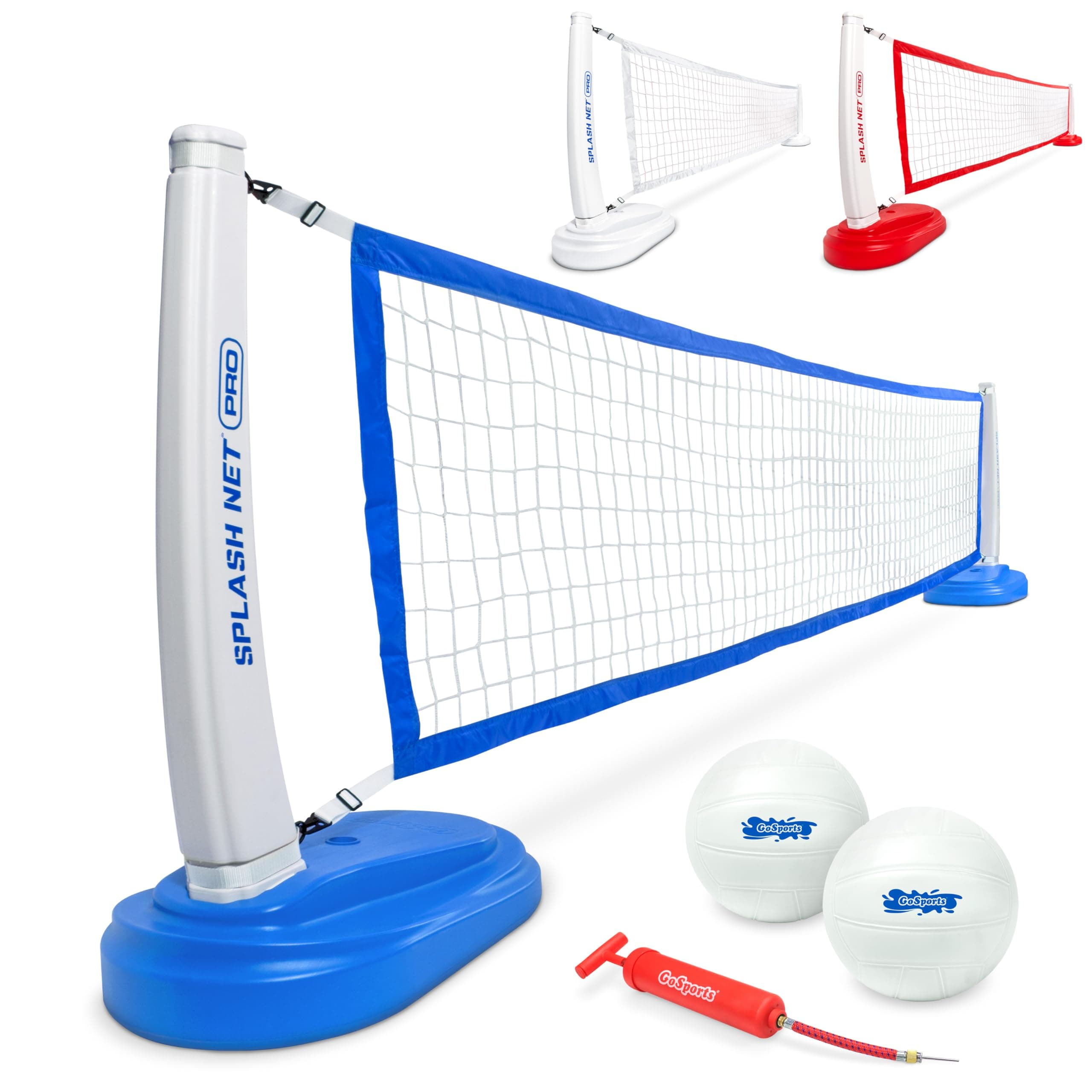 Splash Net PRO Pool Volleyball Net - Includes 2 Water Volleyballs and Pump - White, Red, or Blue
