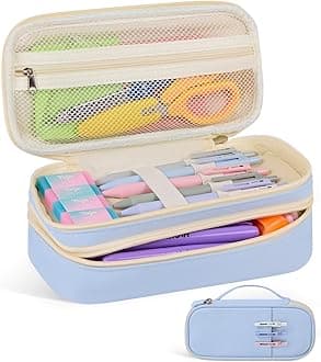 Large Pencil Case Pouch For Girls, Big Cute Pencil Pen Bag Organizer with Zipper Compartments & Handle, Aesthetic Stationery Storage & School Supplies for Teens Boys - Blue
