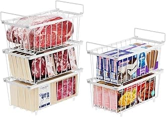 iSPECLE Chest Freezer Baskets - 5 Pack Stackable Organiser for 198L Deep Freezer, Easy Sort and Get Food with Handles, Add Space and Allow Air Circulation for Better Freshness, White