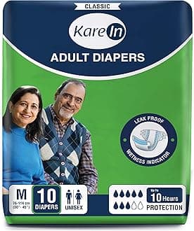 KareIn Classic Adult Diapers, Medium, Waist Size 76-114 Cm (30"-45"), 10 Count, Tape Style, Unisex, High Absorbency, Leak Proof, Wetness Indicator