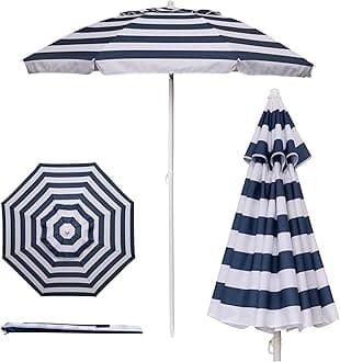 PICNIC TIME 5.5 Ft Portable Beach Umbrella, Lightweight UV Protection Sunshade with Tilt Pole & Carry Bag, Outdoor Canopy Umbrella for Beach, Sand, Pool, Patio, Camping, Travel, or Backyard Shade, (Blue & White Stripe)