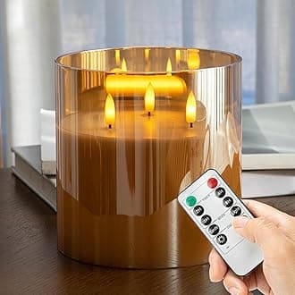 Extra Large Flameless Candles with 3 Wicks, 6"x6" Glass Battery Operated Candles with Remote, Real Wax Flickering LED Candles Fake Candle for Home, Wedding, Party, Glod