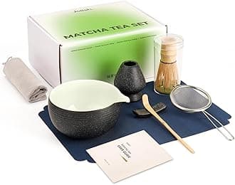 Matcha Kit Set, Matcha Whisk and Bowl with Spout, Matcha Sifter, Whisk Holder, Matcha Scoop and Scoop Rest, Perfect Matcha Kit for Matcha Tea 7 Pcs (Charcoal Grey)