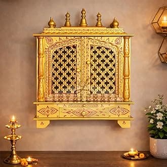 LOYALCRFAT Wooden Temple Large Size 24x12x30 Home Temple/Home mandir/god Stand for Home/Pooja Stand/Home mandap/mandapam/Pooja mandir with Doors (Large 24x12x30 WxDxH INCH, Golden)