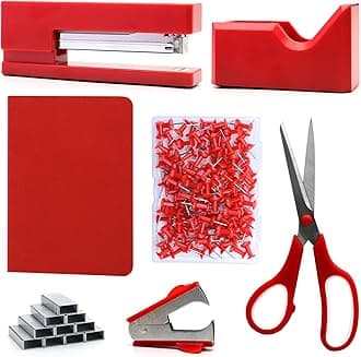 Red Office Supplies,UPIHO Red Desk Accessories,Stapler and Tape Dispenser Set for Women with Stapler,Tape Dispenser,Staple Remover,Staples,Push Pins,Scissor and Pocket Notebook,Gift for Office Clerks