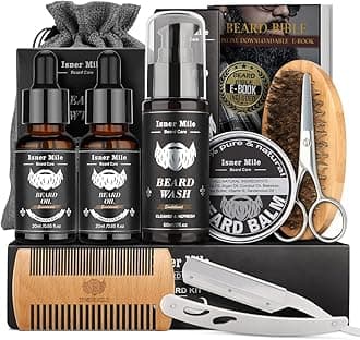 Isner Mile Beard Grooming Kit for Men Care: with Beard Wash - Oil - Balm - Brush - Comb & Straight Razor, Mens Birthday Christmas Stocking Stuffers Valentines Day Gifts for Him Boyfriend Dad Husband