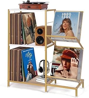Record Player Stand with Vinyl Record Storage, Turntable Stand with 2-Tier Vinyl Display Shelf & Metal Frame, Vinyl Holder for Living Room, Gold & White