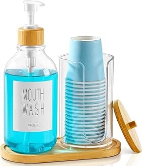 VITVITI Mouthwash Dispenser for Bathroom, Mouth Wash Pump Bottle with Paper Cup Holder, 17Oz Refillable Clear Mouthwash Container with Bamboo Lid/Tray, Label