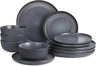 Famiware Starlight 12-Piece Plates and Bowls Sets for 4, Stoneware Dinnerware with Ribbed Textured, Handcrafted Reactive Glaze Dishes - Dishwasher & Microwave Safe, Chip/Scratch Resistant, Matte Grey