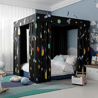 HvqicBlack Canopy Bed Curtains - 4 Corner Post Bed Curtains Queen Bed Curtains Lightproof Drapes Bed Canopy for Adults & Girls Bedroom Decoration(Queen,Black-Planet)