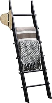 TEAKMAMA 6-Tier Blanket Ladder with Hanging Knobs, 5.5 Ft Wall Leaning Blanket Ladders for Living Room Bedroom,Rustic Decorative Storage for Quilts,Throws,Easy to Assemble,Black