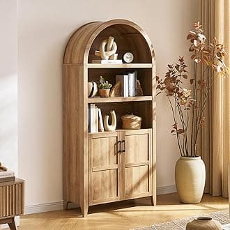 mopio Lauren 77.4" Tall Arched Cabinet, The Original 5-Tier Bookcase with Doors and Adjustable Shelves, Arch Bookshelf with Storage, Wooden Storage Cabinet for Living Room and Kitchen Pantry (Oak)