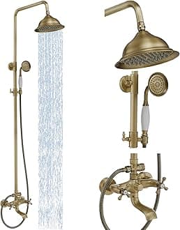 Outdoor Shower Faucet Antique Brass, Bathroom Shower System Set with 3 Shower Function, Exposed Pipe Shower System, Wall Mount