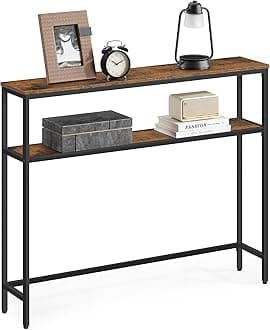 VASAGLE Console Table, 2-Tier Sofa Table, 7.9 x 39.4 x 31.5 Inches, Narrow Entryway Table, Modern Entry Table with 2 Shelves, for Living Room, Bedroom, Rustic Brown and Ink Black ULNT131K01