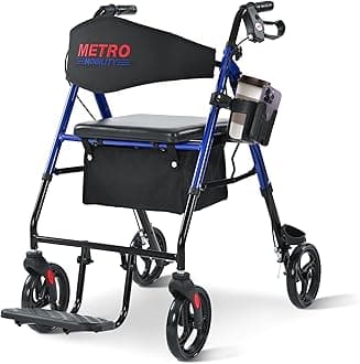Rollator Walkers for Seniors with Seat, Foldable 2 in 1 Rolling Walkers Wheelchair, 300lb Capacity with Cup Holder & Cane Holder, 8'' All Terrain Wheels, Blue
