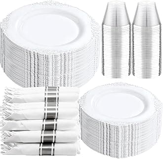 Liacere 350PCS Silver Plastic Plates&Pre Rolled Napkins for 50 Guests - Plastic Dinnerware Sets 100Silver Disposable Plates, 150Silver Silverware, 50Cups and 50Napkins for Wedding&Party