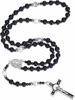 HANDMADE Catholic 8mm Beads Rosary for Men Wearable Large Black Rosary Necklace with Miraculous Medal Rosaries Catholic Gifts