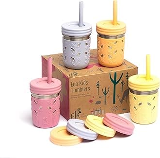 10oz Stainless Steel Kids + Toddler Drinking Cups | The Original Mason Jars with Lids + Sleeves + Straws | Smoothie Cups | Spill Resistant | Dishwasher Safe | 4 Pack