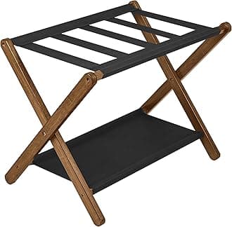 Luggage Rack, Folding Suitcase Stand with Storage Shelf,Bamboo Luggage Stand for Guest Room,Bedroon and Hotel,Holds up to 131 lb,Fit Most Luggage Size,Walnut