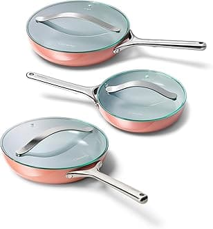 Caraway Ceramic Nonstick Fry Pan Set with Glass Lids – Includes Two 10.5” Fry Pans, One 8” Fry Pan, & Three Lids - Non Toxic, PTFE & PFOA Free - Oven Safe & Compatible with All Stovetops - Perracotta