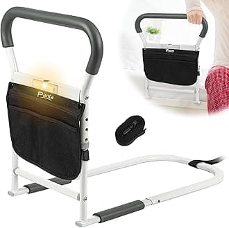 Bed Rails for Elderly Adults, Adjustable Bed Assist Bar for Seniors with Motion Light, Bed Safety Rail with Storage Bag and Fixing Strap, Portable Bed Cane Fit King, Queen, Full, Twin Bed, Grey