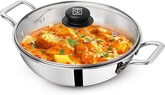 The Indus Valley Triply Stainless Steel Kadai 2.7 LTR with Glass Lid | Medium 23.4cm/9.2 inch, 1.2kg | Induction Friendly | Nonstick 3-Layer Body, 100% Pure & Toxin-Free, No Chemical Coating
