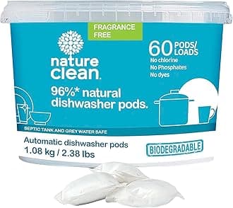 Natural Dishwasher Pods, 60 count. High Performance Dishwasher Detergent Pods With 96% Naturally Derived Ingredients From Plants And Minerals. Spot & Residue-Free, No chlorine, Unscented
