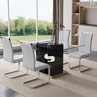 Glass Dining Table Set for 4,5 Piece Dining Table Set, Tempered Glass Table Top and Modern Design MDF Base with 4 PU Leather Ergonomic Dining Chairs