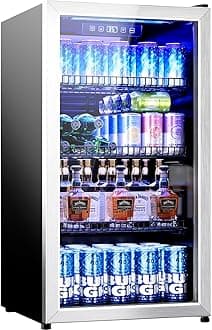 3.2 Cu.Ft Beverage Fridge, Mini Fridge With Glass Door, Beverage Cooler Refrigerator, Wine Drink Beer Fridge, Adjustable Shelves & Digital Temperature Display, 26 Bottle 128 Can, Silver