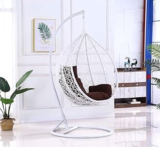 Indoor Outdoor Patio Wicker Hanging Chair Swing Egg Basket Chairs with Stand UV Resistant Cushions 120kg Capacity for Patio Backyard Balcony Random Color Cushions (WHITE - WITHOUT ASSEMBLY)