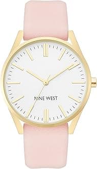 Nine West Women's Analog Watch, Gold-Tone and Pink Strap, Vegan Leather Strap, Japanese Quartz Movement, Second Hand Feature, 40mm Case