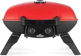 TravelQ 285 Portable Propane Gas Grill with Griddle, Red, 2 Burners, Tailgating, Camping, and Small Outdoor Spaces