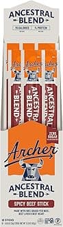 Country Archer Ancestral Beef Jerky Sticks Spicy - Hot Grass Fed Beef Sticks Individually Wrapped, Sugar Free Meat Snack Bulk, Gluten Free, Paleo, Keto, 7g Protein Per Stick - 1 oz (Pack of 18)
