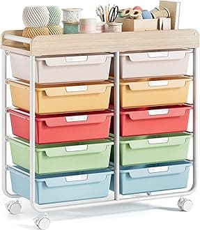 Rolling Storage Cart with Wooden TableTop, Utility Cart with 10 Large Drawers for Craft Organizers, Art Supply Storage, Home Office Organization, Cart with Wheels for Classroom, Living Room, ColorfulGlobal Recycled StandardGlobal Recycled StandardGlobal Recycled Standard
