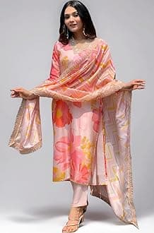 Cotton Blend Embroidered V Neck Kurta Set for Women | Straight Fit Kurta with Pants & Dupatta | Casual Office Wear Ethnic Kurti for Women