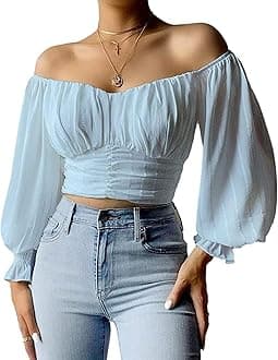 MIRACMODA Womens Elegant Off The Shoulder Puff Sleeve Blouse Summer Chiffon Slim Fit Party Crop Top