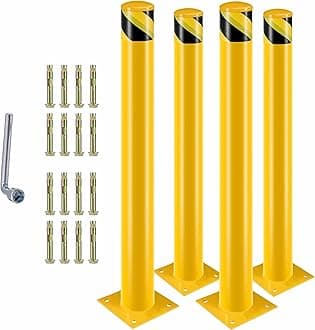 Safety Bollard, 42-Inch Tall Steel Safety Bollard with 4.5-Inch Diameter, Yellow-Painted Steel, Equipped with 16 Anchor Bolts for Stability,Ideal for Traffic-Sensitive Zones(42inch 4 PCS).