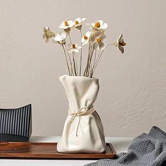 7.5IN White Ceramic Vase, Irregular Flower Vase Modern Art Decorative Vase for Flowers, Unique Paper Bag Vase for Home Office Centerpieces Entryway Bookshelf Living Room Table Decor