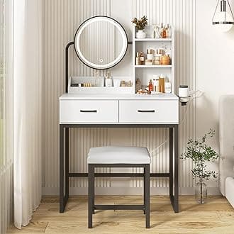 Makeup Vanity Desk with Mirror and Lights, Cute Vanity Makeup Table, Small Vanity Table for Bedroom with Lots Storage, 3 Lighting Modes, 31.5in(L)…