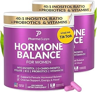 Hormone Balance for Women, Ovarian Support, Fertility, Menstrual Cycle, PCOS | Myo-Inositol & D-Chiro Inositol Supplement 40:1 Ratio w/Folic Acid for Hormonal Balance, B12 & Probiotics - 240 Count