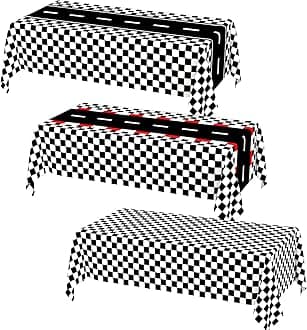 QISOLIY 3 PCS Mix Race Car Table Cloth Racing Car Theme Tablecloths 54 x 108 Inch Car Disposable Plastic Tablecloths Black Checkered Racetrack Flag Table Covers for Race Car Birthday Party Decorations