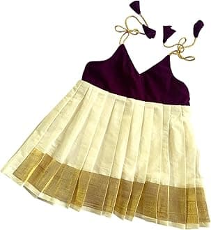 PicksparrowNewborn Baby Girl Kasavu Dress/Kerala Kasavu Traditional Frock/Onam-Vishu Dress (Velvet, Shoulder-Knot)