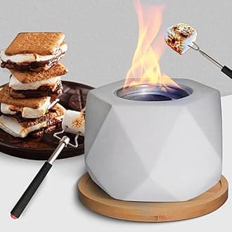 Table Top Firepit Smores Maker -Portable Mini Fire Pit with Extendable Forks & Wooden Base - Fire Pit Indoor & Outdoor - Table Top Fire Bowl Concrete Geometric Grey