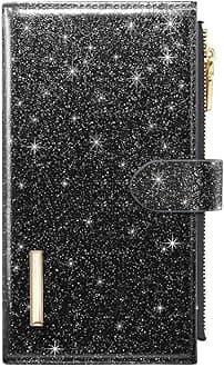 Womens RFID Blocking Glitter Leather Multi Card Organizer Bifold Black Wallet with Double Zipper Pocket,Black Glitter