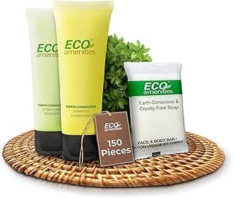 ECO Amenities Soap, Shampoo & Conditioner Mini Toiletries, 3-Piece Kit, 150 PCS, packed in 50 Toiletry Bags - Travel Size Shampoo and Conditioner Sets, Travel Shampoo, Bulk Travel Size Toiletries Kits