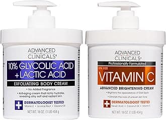 Brightening Vitamin C Body Cream + AHA Exfoliating 10% Glycolic Acid & Lactic Acid Lotion 2PC Skincare Set For Women & Men To Reduce Appearance Of Dark Spots & Uneven Skin Tone