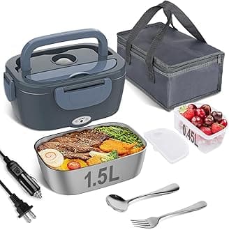 Vabaso Electric Lunch Box Food Heater, Electric Heating Lunch Boxes Lunch for Adults/Men/Car/Truck/Work, 1.5L Removable 304 Stainless Steel Container, 80W, 110V/12V/24V, with Fork & Spoon