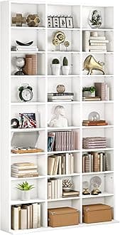 FirFurd Tall Bookcase CD DVD Storage Unit Tower Wooden Display Rack with Adjustble Shelves 27 Storage Compartments White Bookshelf 102.5x23.5x190cm