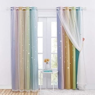 NICETOWN Rainbow Curtains for Kids - Star Cut Out Double Layer Blackout Curtains with Voile Thermal Privacy Protection for Nursery Bedroom Living Room, 2 Panels, W52 x L90 Inch (132x228 cm),Rainbow
